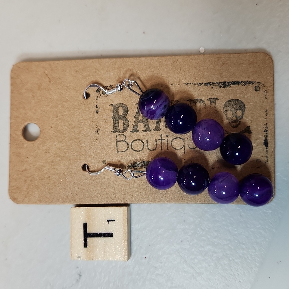 Hand Crafted Purple Agate Round Beads 925 Hardware Earrings - Picture 4 of 4